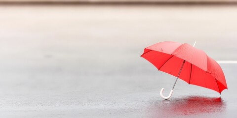 Refreshing Rainfall and the Comfort of an Umbrella Shelter, A red umbrella stands alone on a rainy surface, creating a striking contrast against the gray backdrop.