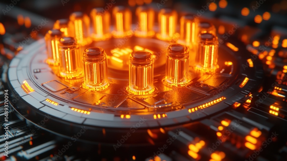Poster futuristic technology with glowing elements in a circular arrangement featuring neon light and high-