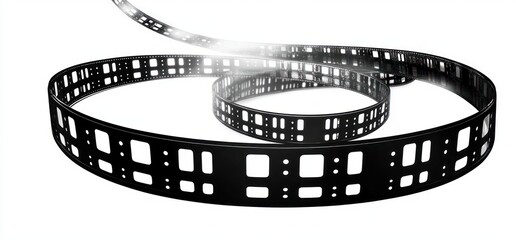 Curved black and white filmstrip with sprocket holes on a white background creating a flowing spiral shape