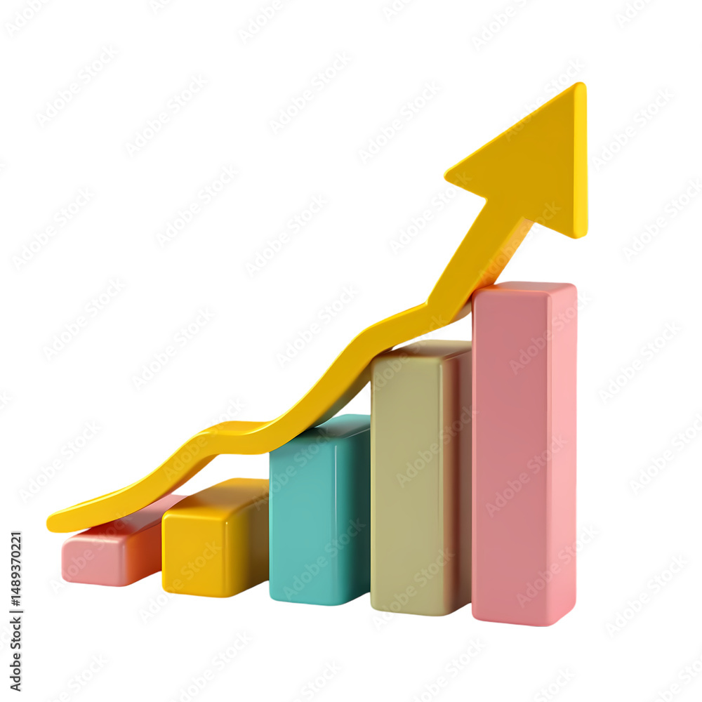 Poster a colorful bar graph with a yellow arrow showing upward trend illustration isolated on transparent b