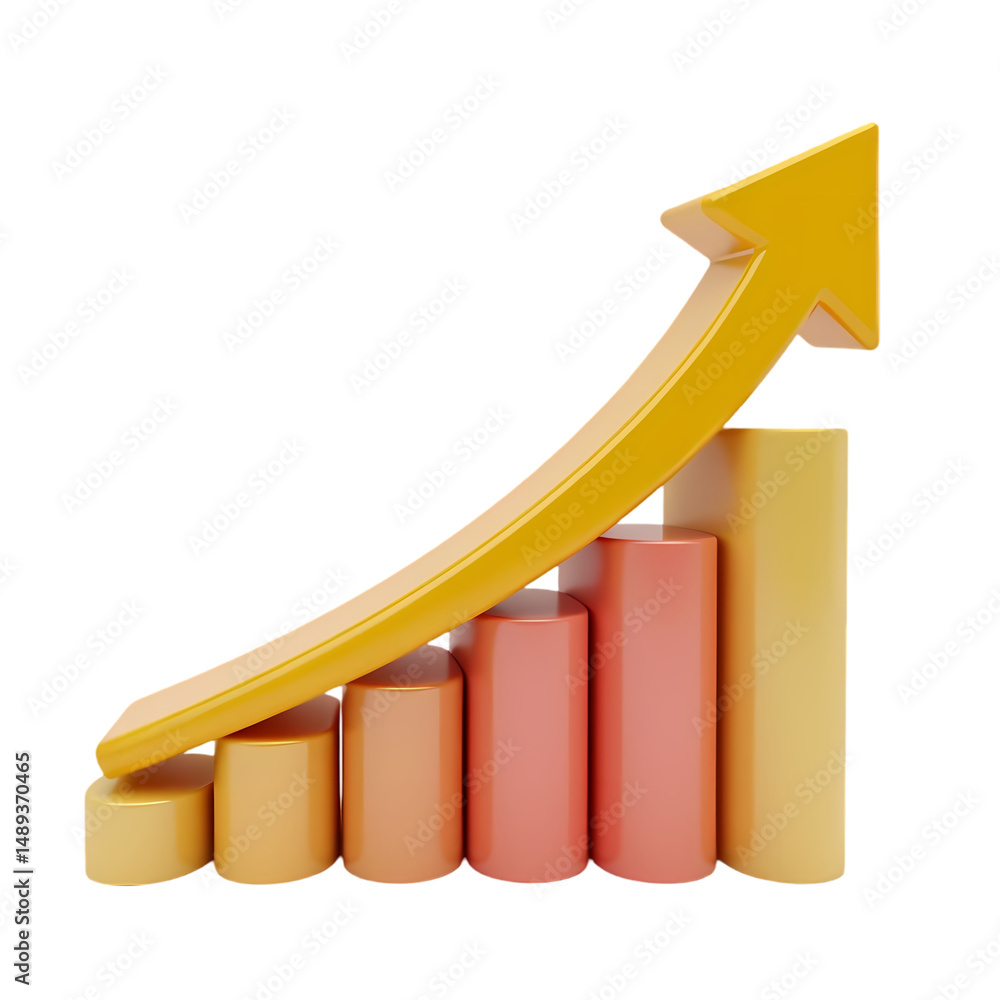 Poster a yellow arrow pointing upwards over a bar graph with increasing values isolated on transparent back