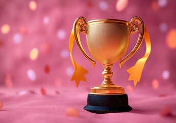 Fototapeta premium Golden trophy cup with orange ribbons on textured pink surface with soft bokeh background conveying celebration and achievement