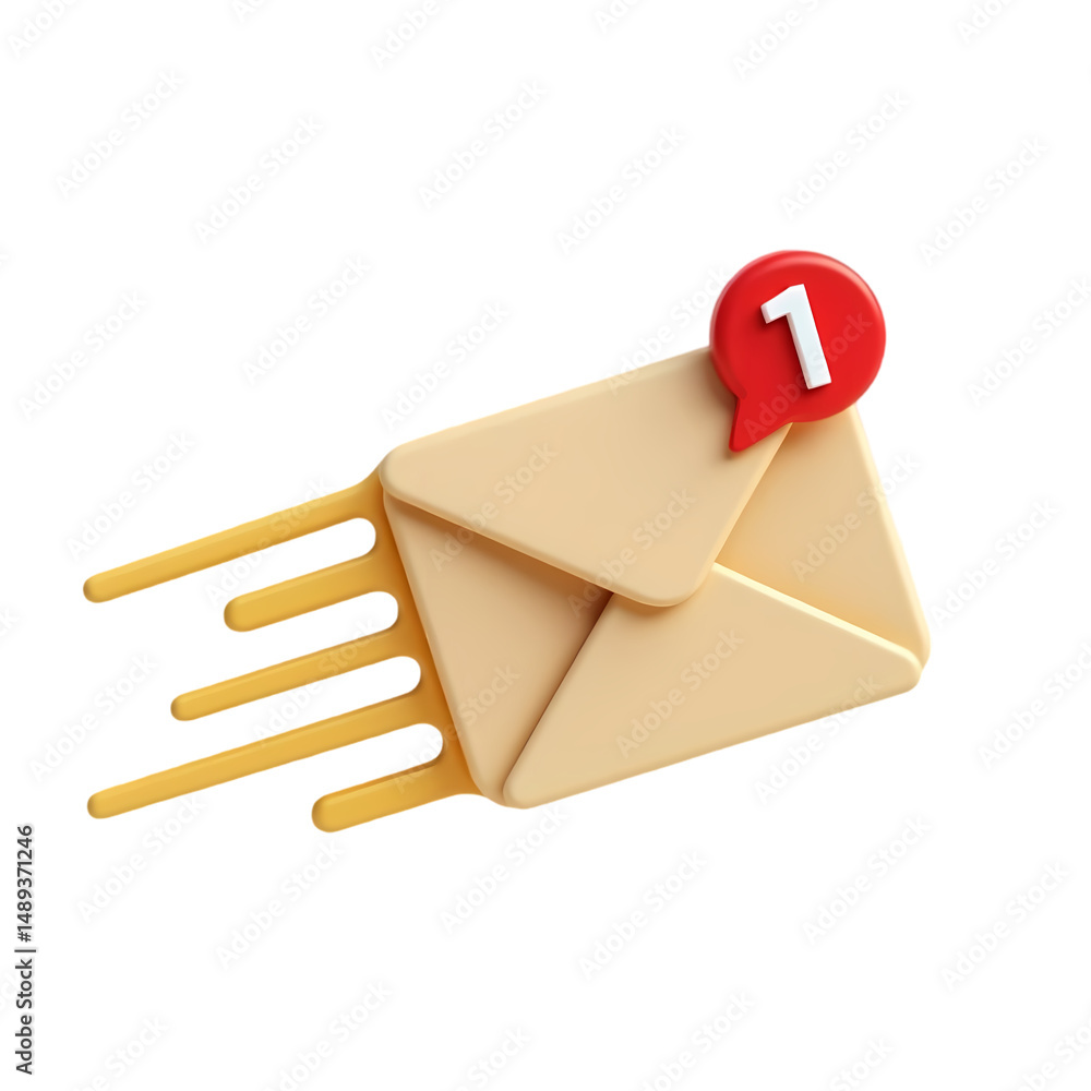 Poster an email notification icon with a red notification bubble and yellow speed lines on isolated on tran