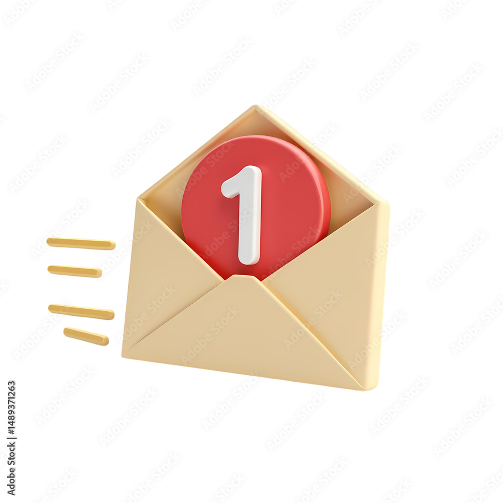 Poster an illustration of an open beige envelope with a red circle and the number one inside on isolated on