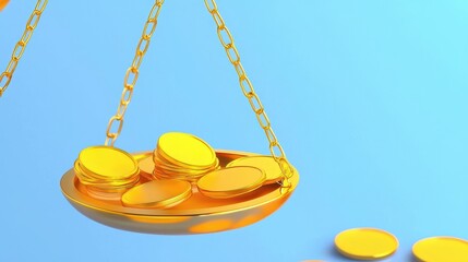 A golden balance scale with coins on one side, set against a blue background.
