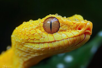 Fototapeta premium close-up of yellow snake head with textured scales and prominent vertical slit eye covered in water droplets against dark blurred background