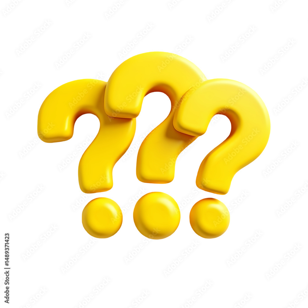 Poster three yellow question marks arranged in a row with in a studio shot style isolated on transparent ba