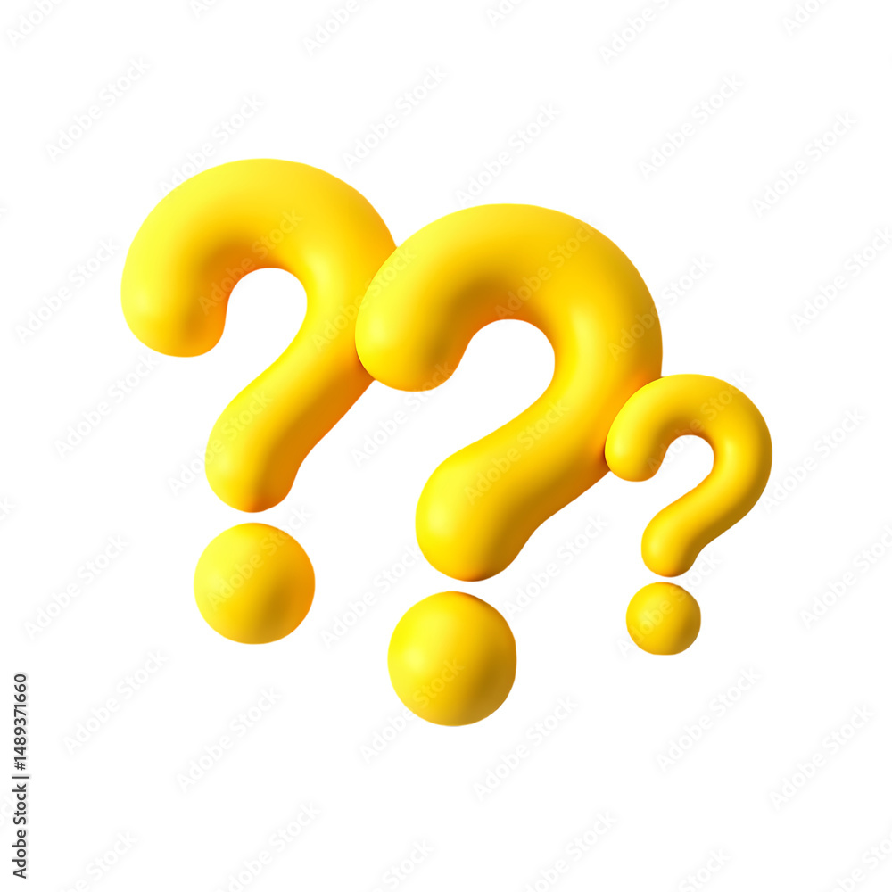 Poster three dimensional yellow question marks floating in a dark void with a minimalist aesthetic look iso