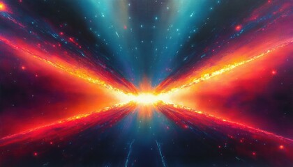 Bright cosmic explosion with radiant orange and red beams stretching across a dark blue star-filled space, evoking intense energy and dynamic movement