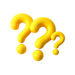 Three dimensional yellow question marks floating in a dark void with a minimalist aesthetic look isolated on transparent background