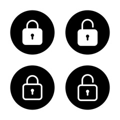 Lock and unlock padlock icon on black circle. Security, privacy protection sign symbol