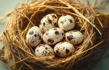 Obraz premium Close-up of a nest made of dry grass containing seven speckled eggs with brown spots on a creamy white background