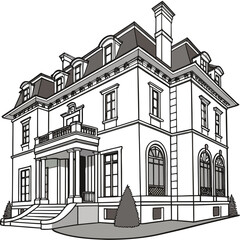 Elegant mansion architectural drawing black and white design