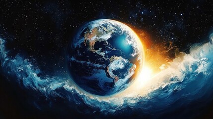 Obraz premium Vibrant view of Earth from space with bright sunlight illuminating the planet and dynamic swirling blue and white waves surrounding it against a starry backdrop