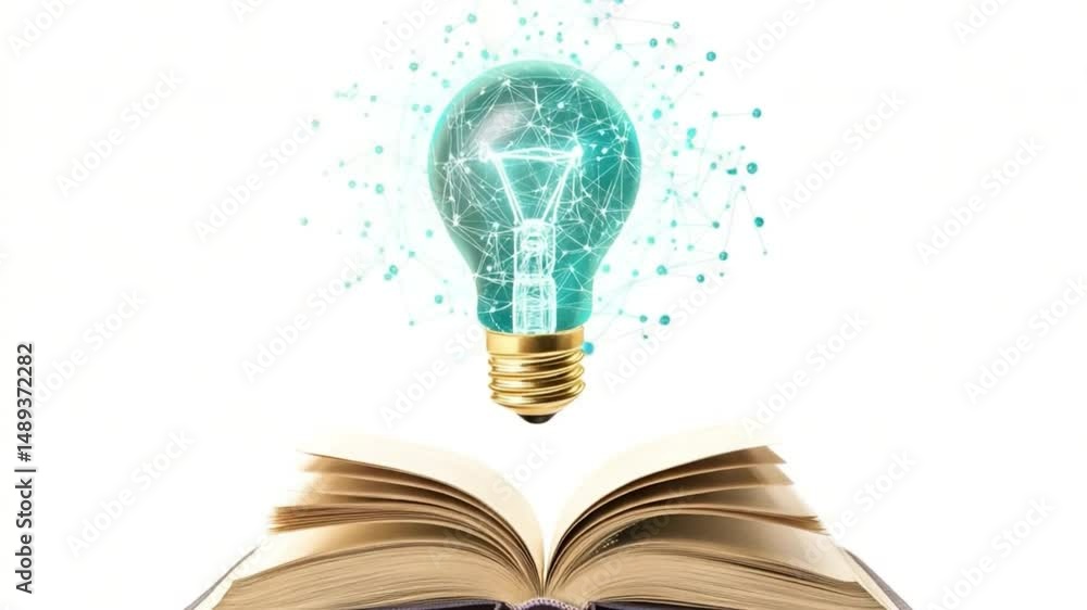 Poster illumination of knowledge: an open book below a glowing lightbulb, representing insight and learning