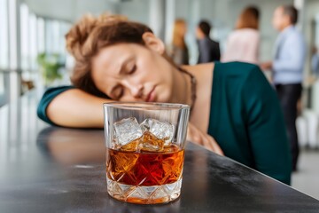 Contemplative Woman with Whiskey Glass in Modern Home Setting – Alcohol Use Disorder, Addiction Recovery & Mental Health Awareness Concept.