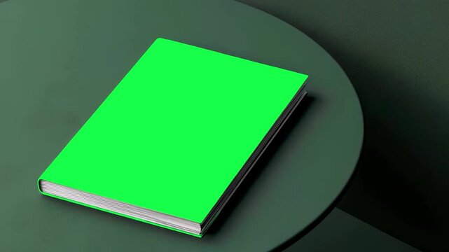 Minimalist mockup book on a dark green table, emphasizing simplicity and contrast, animation, transparent 4K video, green screen