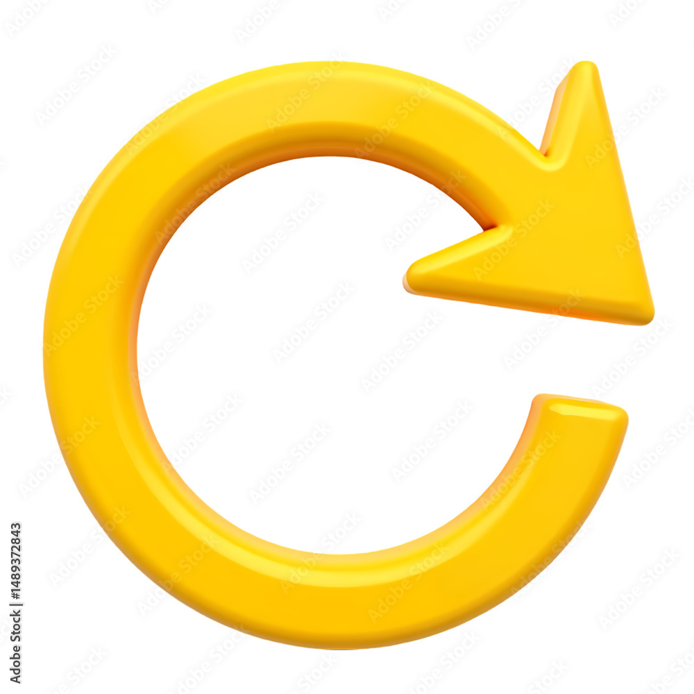Poster a glossy yellow circular arrow pointing to the right in a simple graphic style isolated on transpare