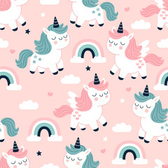 Cute unicorn cartoon print seamless pattern vector background