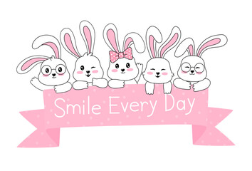 Group of cute funny bunny with banner rabbit seamless pattern vector background. happy easter card