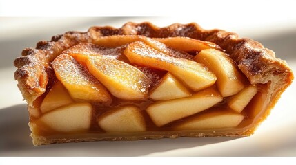 Close-up of a slice of apple pie with glossy apple slices and golden crust on a white background