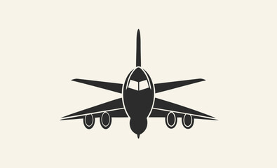 Airplane front view silhouette, Jet silhouette icon, Aircraft landing gear, Plane wings spread, Commercial jet vector