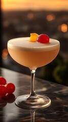 Peachy cocktail with maraschino cherries
