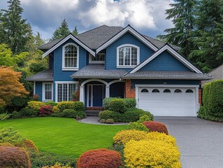 Two-story blue house with white garage door surrounded by lush green lawn and vibrant colorful bushes under a partly cloudy sky