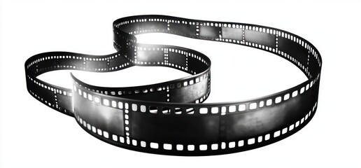 Curved black and white photographic film strip on a white background with smooth flowing shapes and glossy reflections