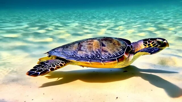 Sea turtle gracefully moving along a tropical beach, its shell reflecting the sunlight in a serene ocean environment with clear water.