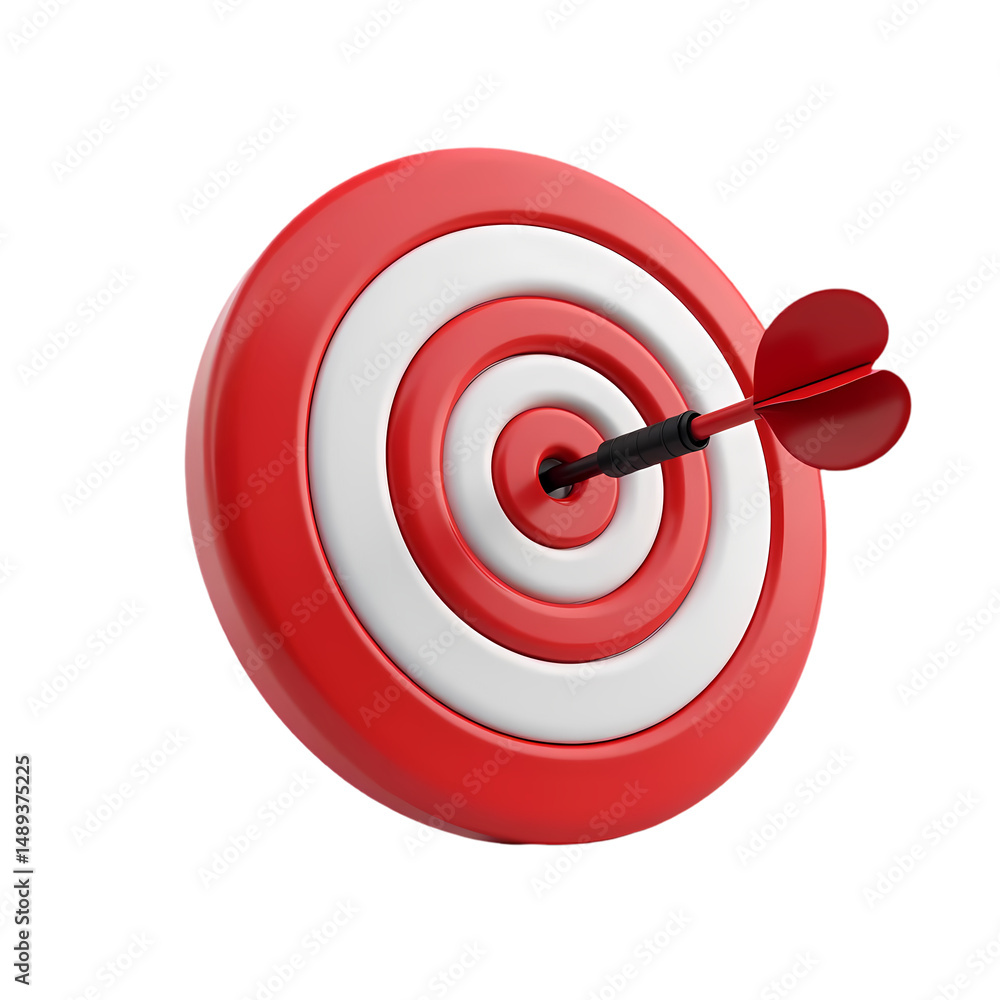 Poster a red and white target with a red dart hitting the bullseye in a studio shot isolated on transparent
