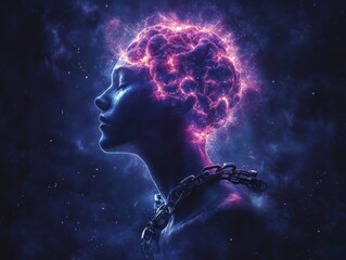 Profile of a human figure with a glowing, electrified brain surrounded by cosmic light and wearing heavy metal chains suggesting mental struggle or liberation