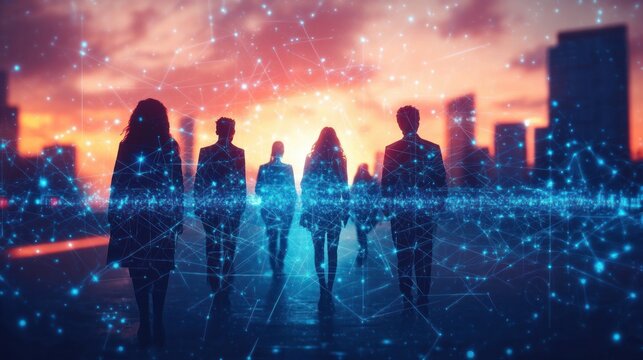 Silhouettes of six people walking towards a vibrant sunset in an urban environment with an overlay of glowing blue digital network connections symbolizing technology and connectivity