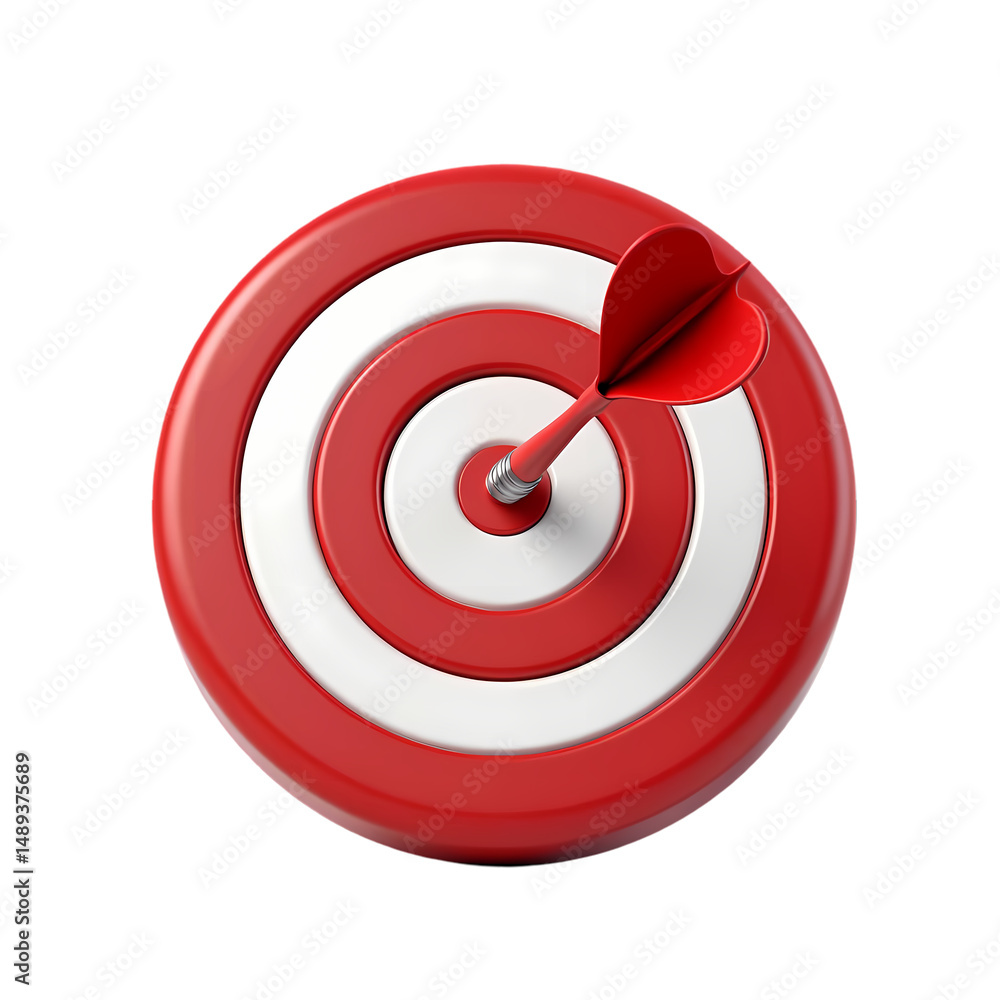 Poster a red and white target with a dart in the center in a studio shot view isolated on transparent backg