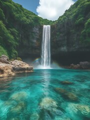 Majestic waterfall cascading into a turquoise pool with a rainbow.