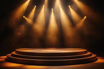 Empty circular stage with multiple tiers illuminated by warm, focused spotlights creating a dramatic and inviting atmosphere