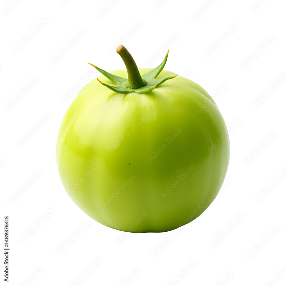 Poster highly detailed realistic depiction of a single plump green tomato with vibrant color and smooth tex