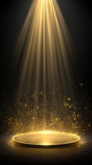 Golden podium with god rays light effect on a vertical black background for an award ceremony.