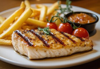 Grilled fish fillet seasoned with herbs served with golden French fries, cherry tomatoes on the vine, and a small cup of dipping sauce on a white plate