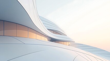 Futuristic Building Facade with White Curved Architecture and Glass Windows