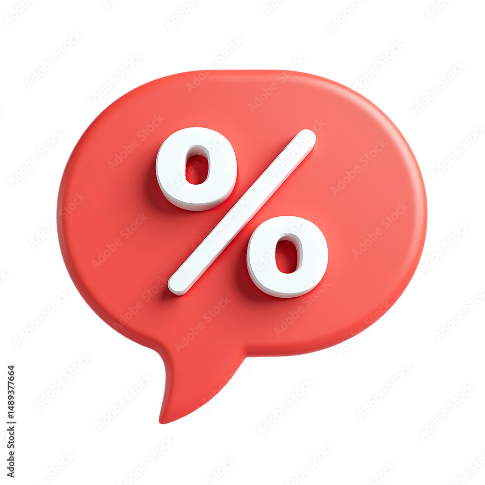 Poster a red speech bubble with a white percentage sign in a rendered style isolated on transparent backgro