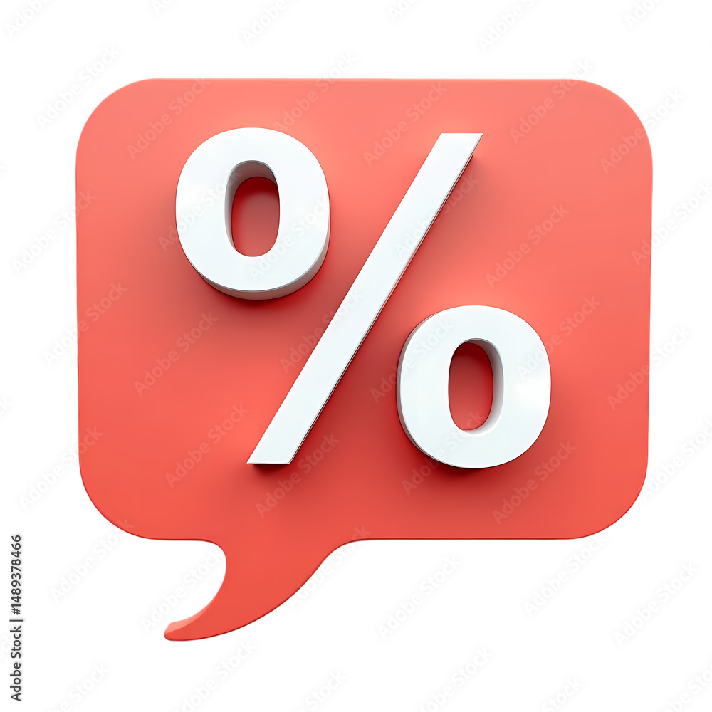 Poster a red speech bubble with a white percentage sign on it in a rendered isolated on transparent backgro