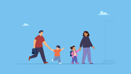 Vector illustration of parents take their children to school. Welcome back to school. The new academic semester year start.
