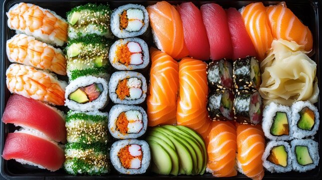 Sushi platter an overhead view of colorful maki nigiri and sashimi