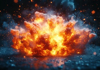 Explosive Fireball Erupting with Fiery Orange and Red Flames Against Dark Background with Sparks and Smoke