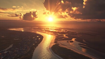 Fototapeta premium Golden Sunset Over Coastal Landscape with River, Clouds, Ocean and Neighborhood