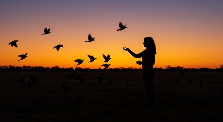 Silhouette of a woman feeding birds during sunset. Serenity.