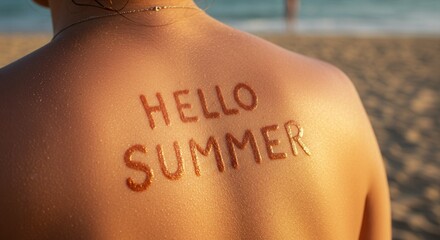 Hello summer text on sun-kissed back at sandy beach.