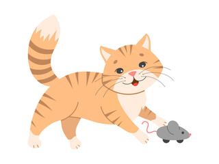 Adorable orange tabby cat playing with a toy mouse. Perfect for pet related designs, branding, or creative projects