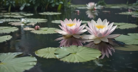 Pale pink and white water lilies, floating gently , garden, high resolution